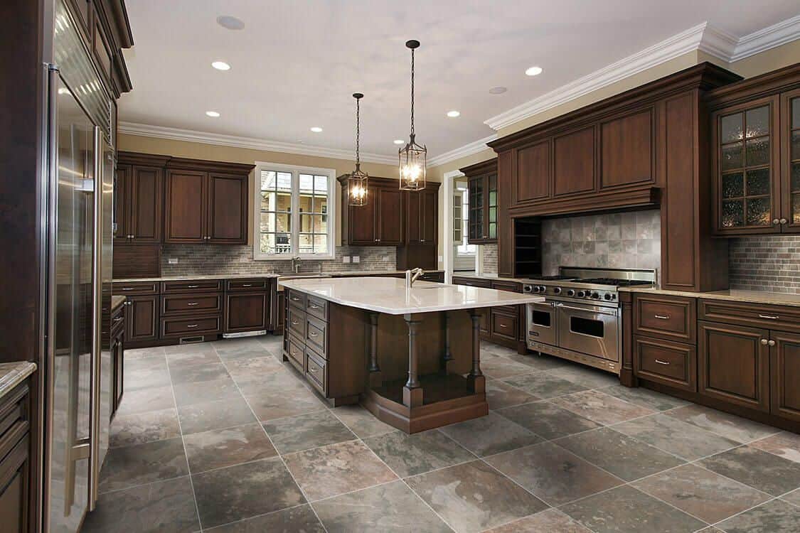 Extraordinary Large Kitchen Floor Tiles With Hanging Small Chandeliers Over Island Brown Cabinets And Using Ceramic