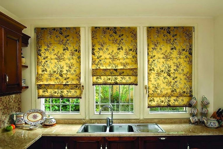 Fascinating Yellow Kitchen Blinds Window Curtains And Made Of Floral Fabrics