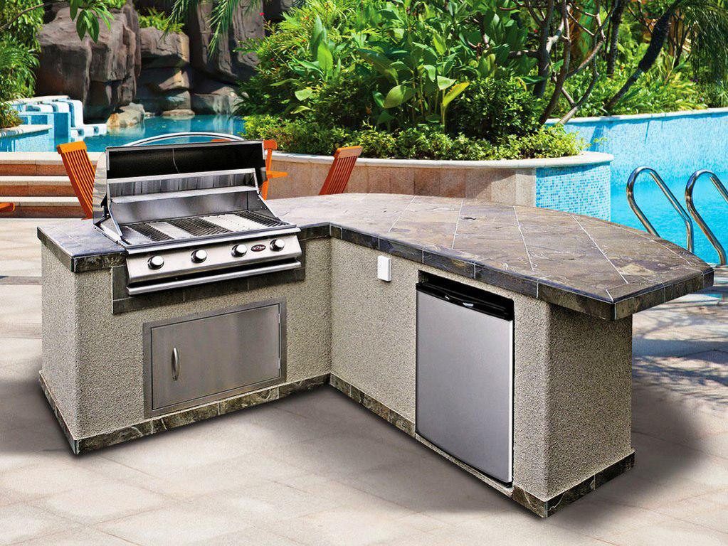 Good Modular Outdoor Kitchens Prefab Kitchen Kits With Stainless Steel Barbeque Grill Stone Countertop And Wooden Folded Chairs Near Pool