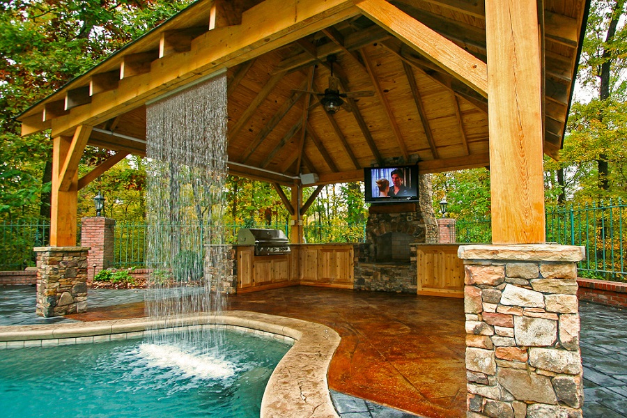 Lovely Backyard Outdoor Kitchen Waterfall 2