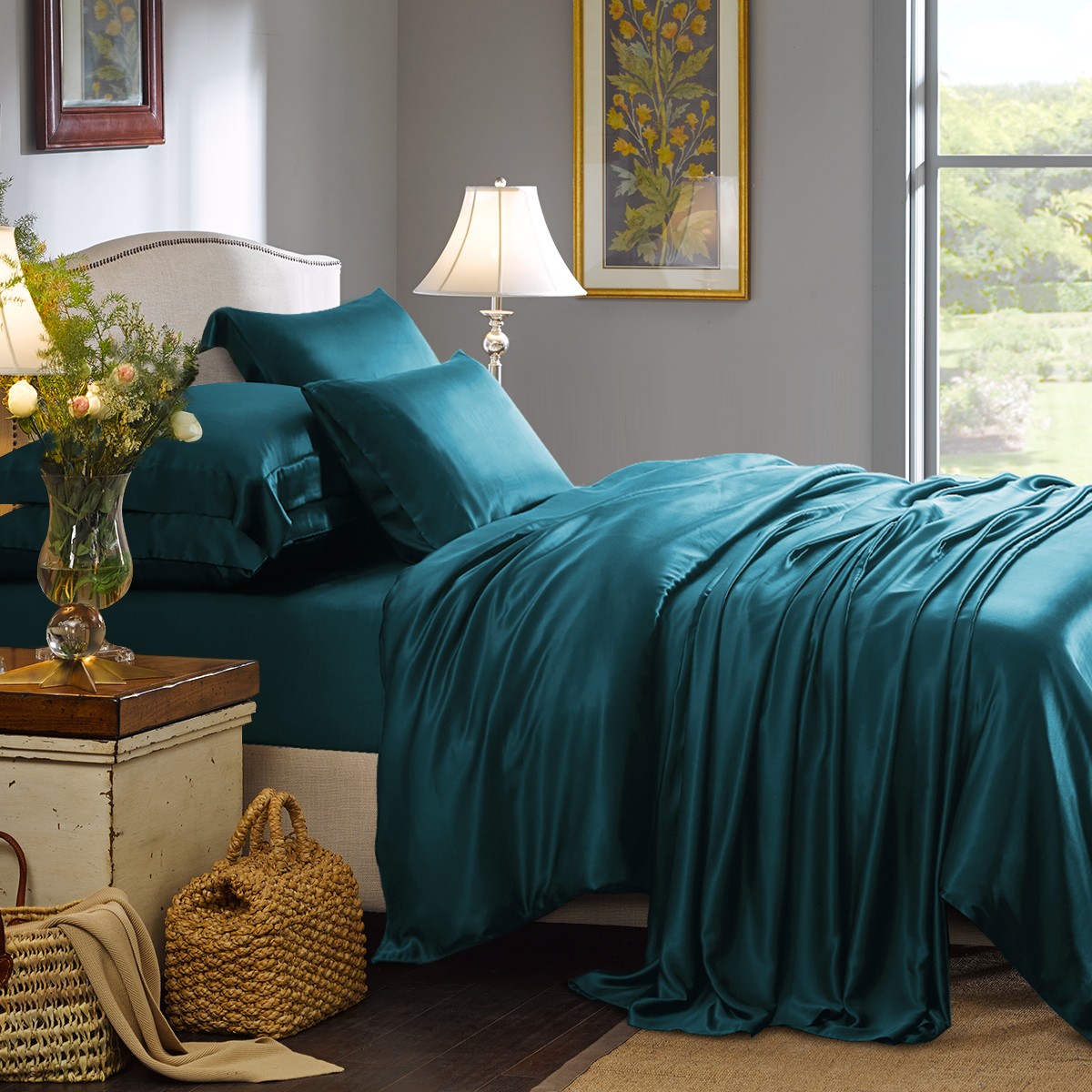 Magnificent Teal Bed Linen Silk Bedding Set A